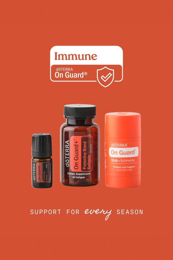 doTERRA Immune Bundle with On Guard on coral background - support for every season