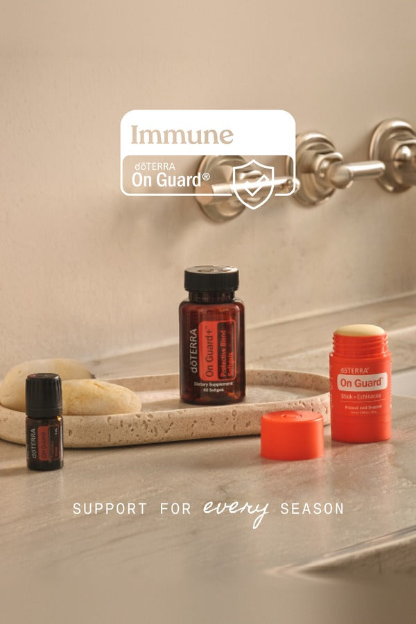 doTERRA Immune Bundle on a bathroom counter - support for every season