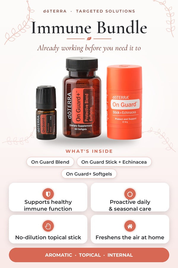 doTERRA Immune Bundle infographic showing what's inside with key benefits