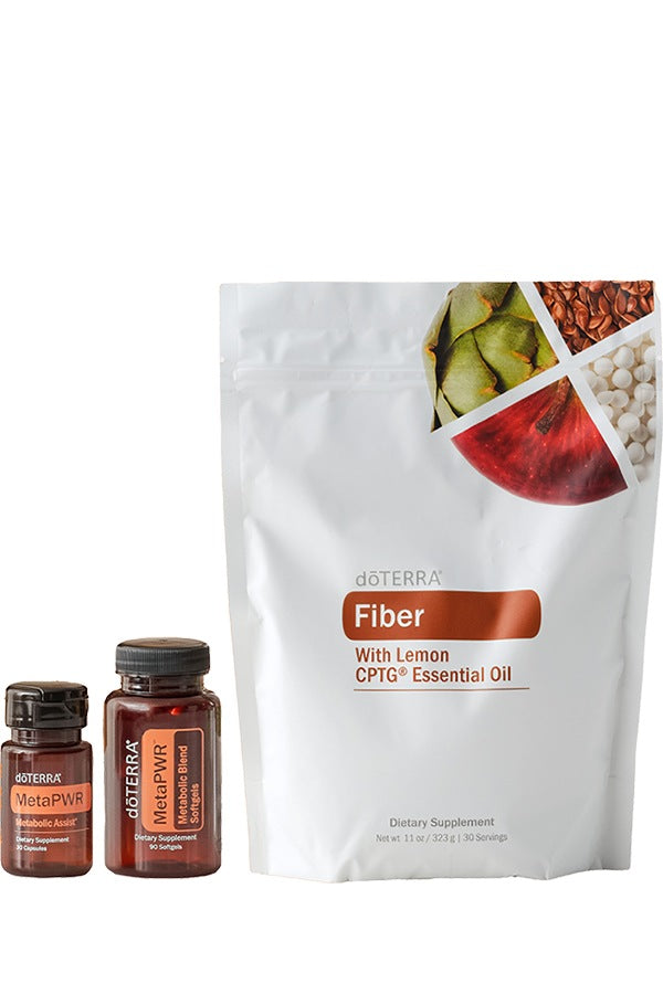 doTERRA Metabolic Health Bundle with doTERRA Fiber, MetaPWR Softgels and MetaPWR Assist on a white background