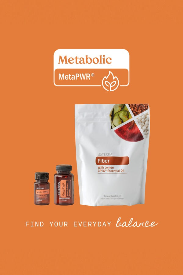 doTERRA Metabolic Health Bundle with MetaPWR on orange background - find your everyday balance