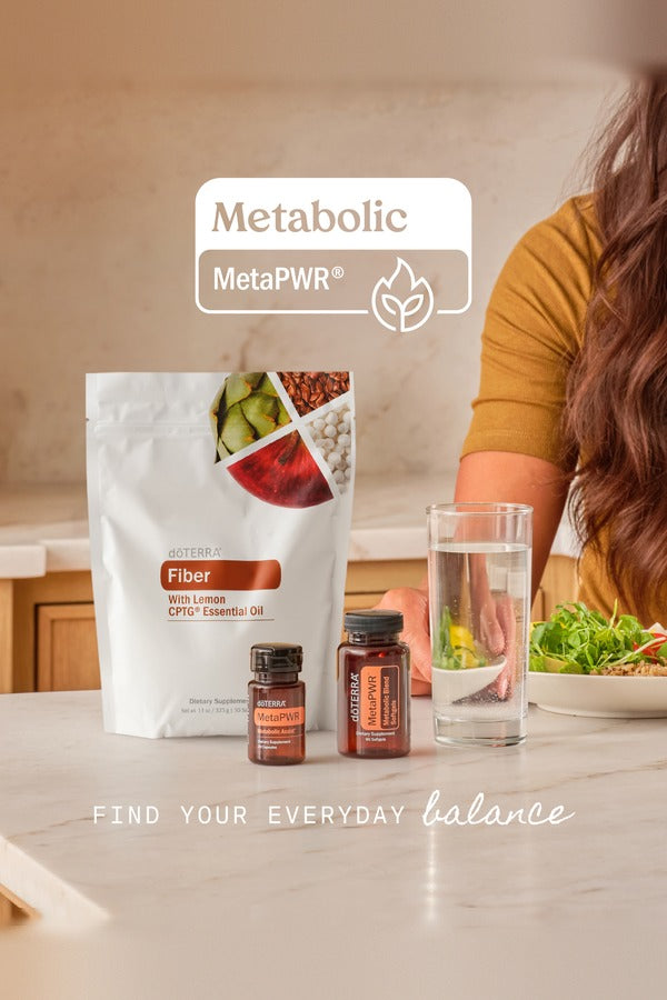 doTERRA Metabolic Health Bundle with Fiber on a kitchen counter