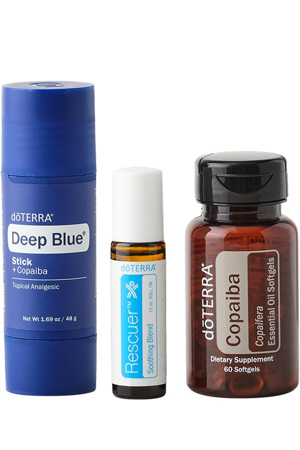 doTERRA Pain Bundle with Deep Blue Stick + Copaiba, Rescuer Roll-On and Copaiba Softgels on a white background