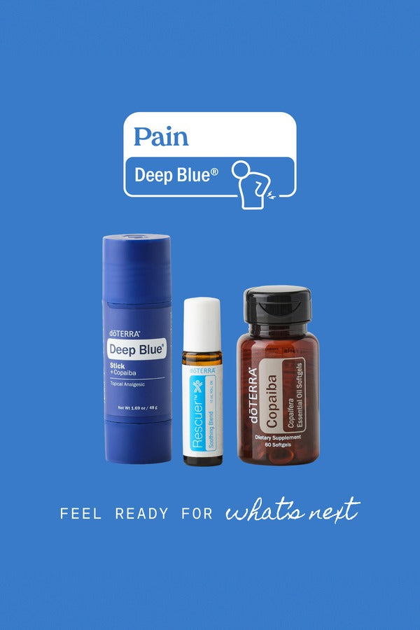 doTERRA Pain Bundle with Deep Blue on blue background - feel ready for what's next