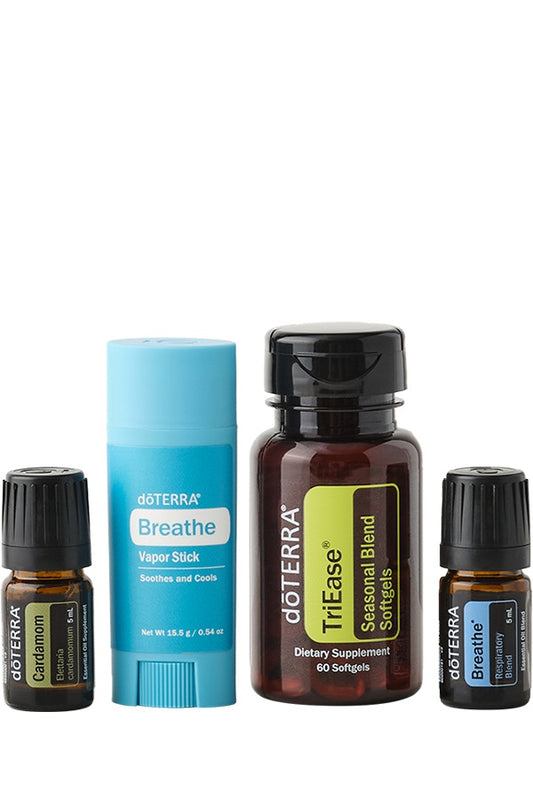 doTERRA Respiratory Bundle with Breathe, Breathe Vapor Stick, TriEase Softgels and Cardamom on a white background
