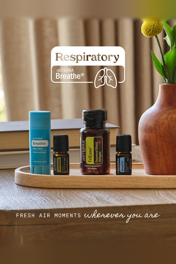 doTERRA Respiratory Bundle on a living room shelf