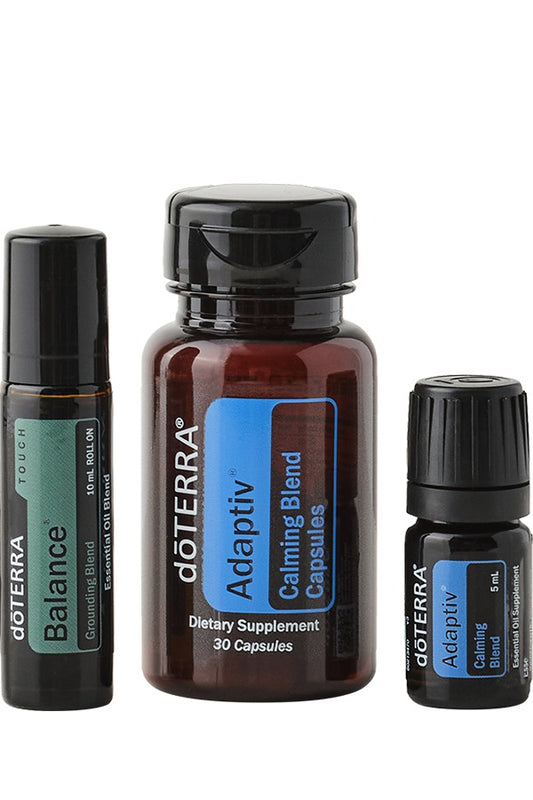 doTERRA Stress Bundle with Balance Touch, Adaptiv Calming Blend Capsules and Adaptiv Calming Blend on a white background