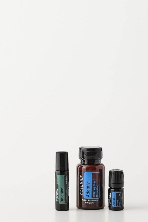 doTERRA Stress Bundle with Adaptiv Capsules, Adaptiv and Balance Touch styled on white