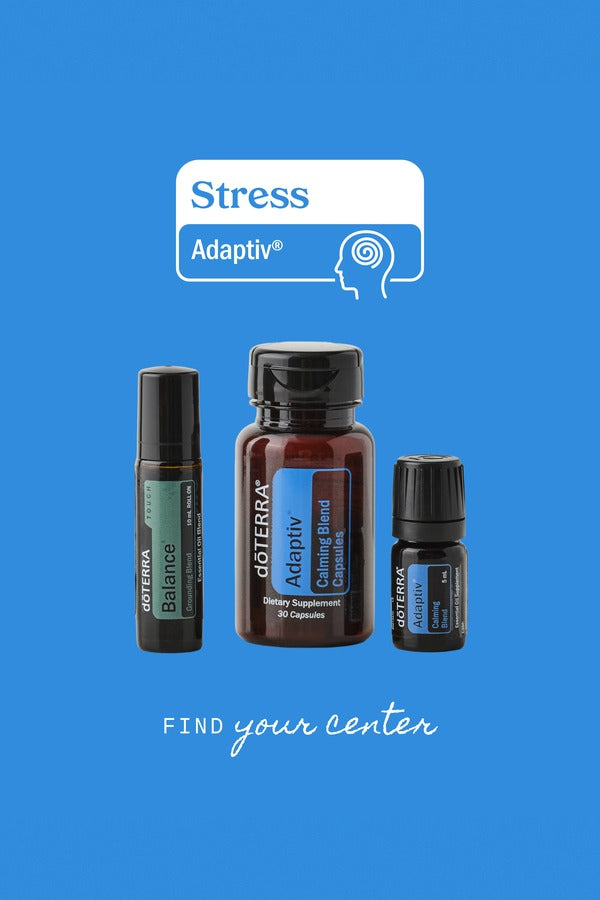 doTERRA Stress Bundle with Adaptiv on blue background - find your center