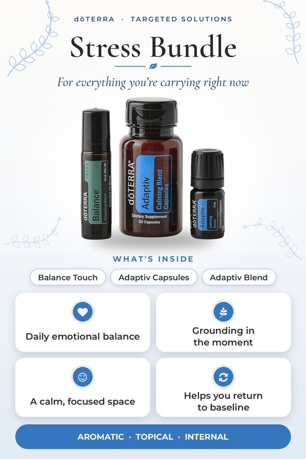 doTERRA Stress Bundle infographic showing what's inside with key benefits