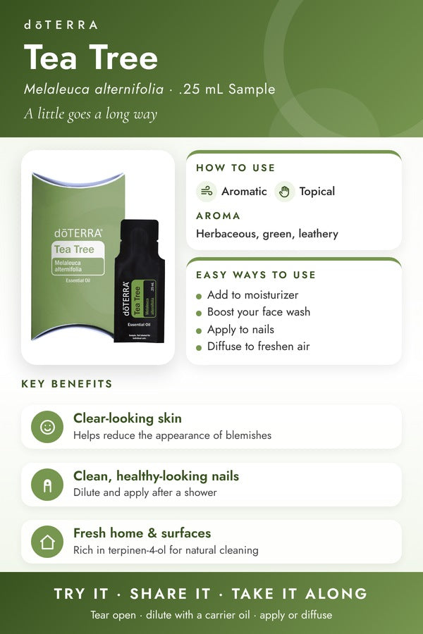 doTERRA-branded infographic for the Tea Tree .25 mL sample sachet showing how to use it, aroma, and key benefits. doTERRA Tea Tree Essential Oil Sample (.25 mL)