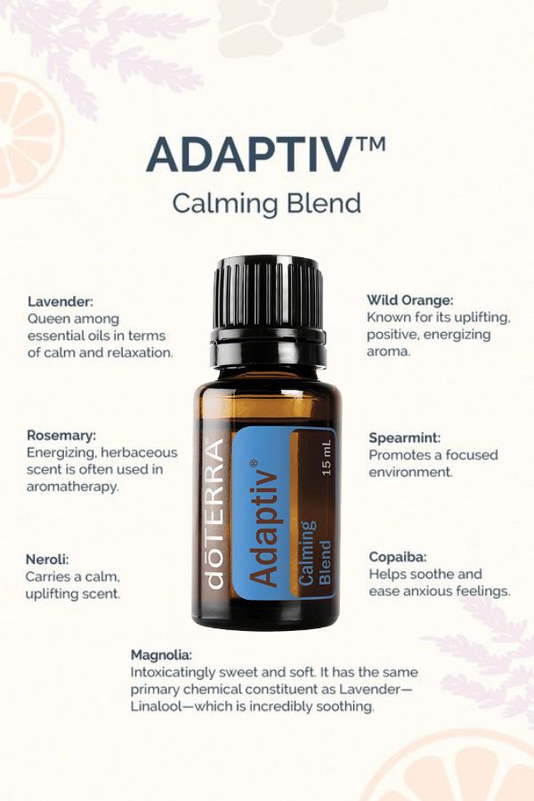 A doTERRA Adaptiv Calming Blend essential oil bottle centered on a light cream background with decorative faint citrus graphics. Text around the bottle lists ingredients and benefits: lavender, wild orange, rosemary, neroli, magnolia, spearmint, and copaiba.