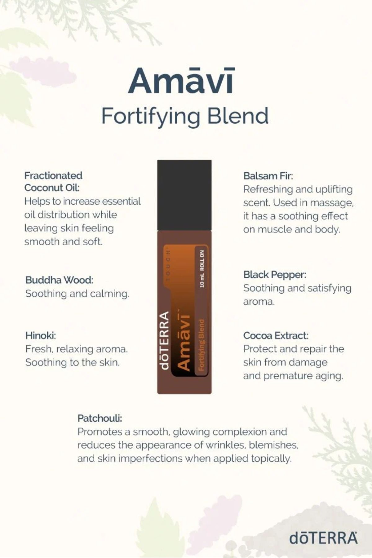 An informational product graphic for dôTERRA Amâvi Fortifying Blend. The central subject is a vertical bottle of the blend, shown as a brown and black rectangular package with the dôTERRA logo. doTERRA Amavi Touch Roll-on