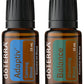 Two doTERRA essential oil bottles shown side by side on a white background with a purple banner at the bottom reading BUY and GET. The left bottle is doTERRA Adaptiv Calming Blend and the right bottle is doTERRA Balance Grounding Blend, both 15 mL amber bottles with black caps.