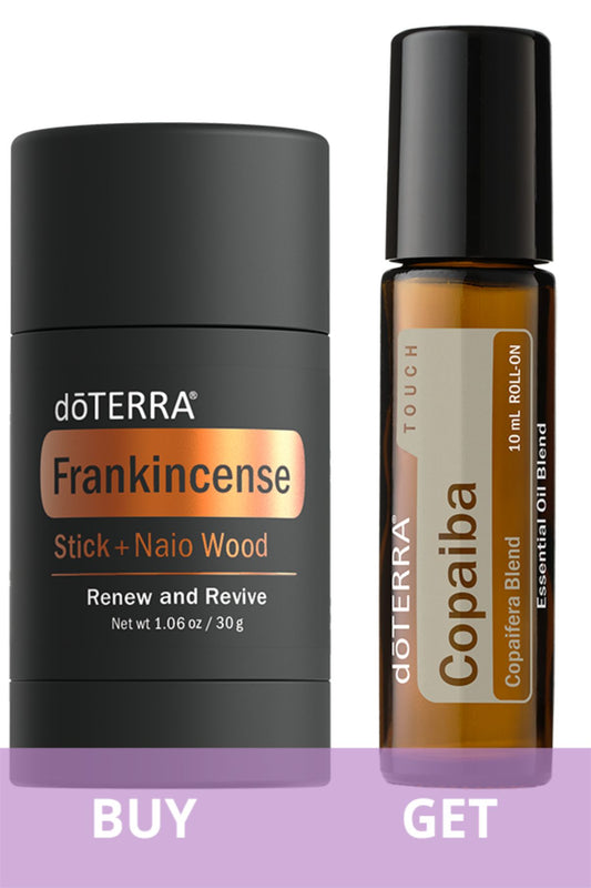 A doTERRA Frankincense Stick + Naio Wood product shown alongside a doTERRA Copaiba essential oil bottle on a white background with a purple banner at the bottom reading BUY and GET.