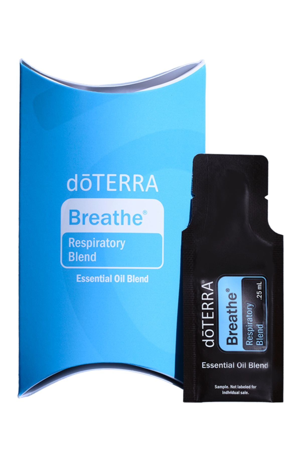 A blue and white döTERRA Breathe Respiratory Blend essential oil blend box next to a black single-use sachet packet on a white background. doTERRA Breathe Essential Oil Sample (.25 mL)