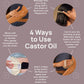 An informational infographic poster titled '4 Ways to Use Castor Oil' on a muted mauve background, featuring four circular photos showing hands and a scalp being massaged with castor oil, accompanied by text instructions. doTERRA CASTOR OIL pack