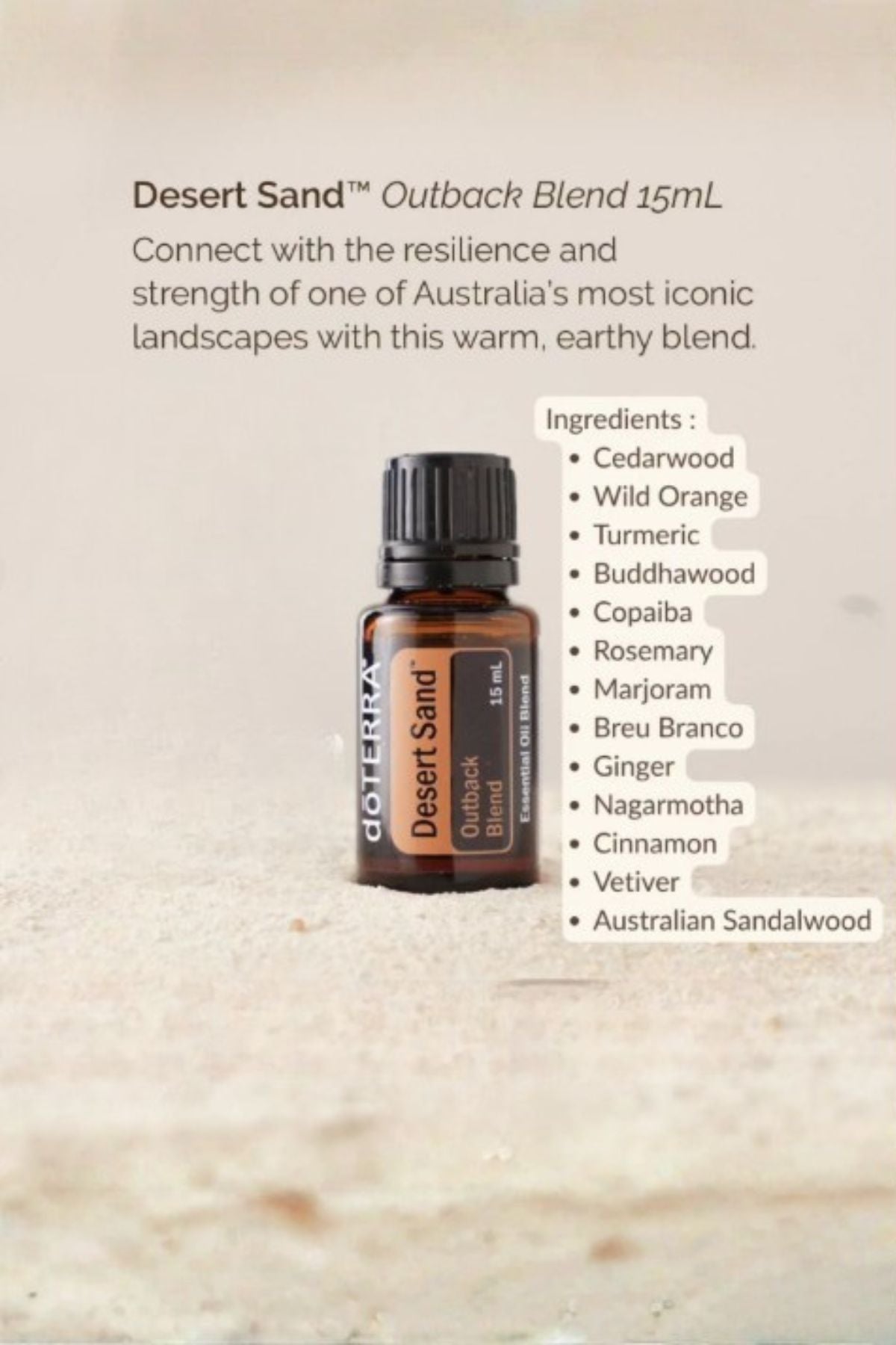 doTERRA Desert Sand essential oil bottle on a beige background with product details.