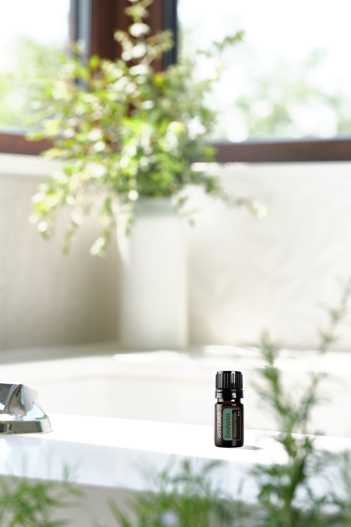 A small black doTERRA essential oil bottle stands on a white surface in a bright, softly blurred bathroom or spa-like setting with plants and a window in the background.