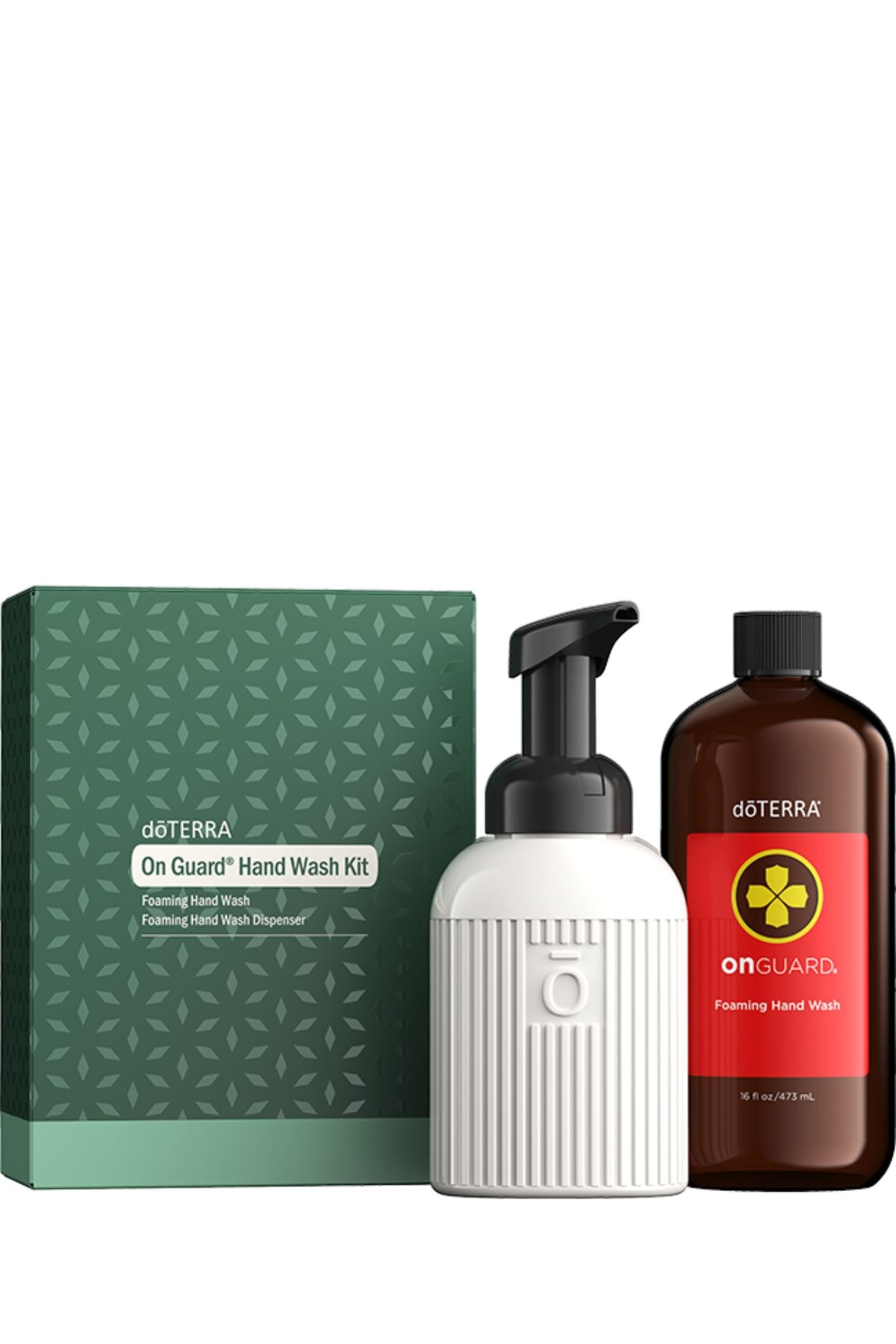 doTERRA On Guard Hand Wash Kit with packaging, white pump bottle, and brown bottle on a white background
