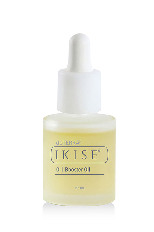 A 27 mL dropper bottle of doTERRA IKISE 0 Booster Oil, featuring a frosted glass bottle filled with pale yellow oil and a white dropper cap, set against a plain white background.