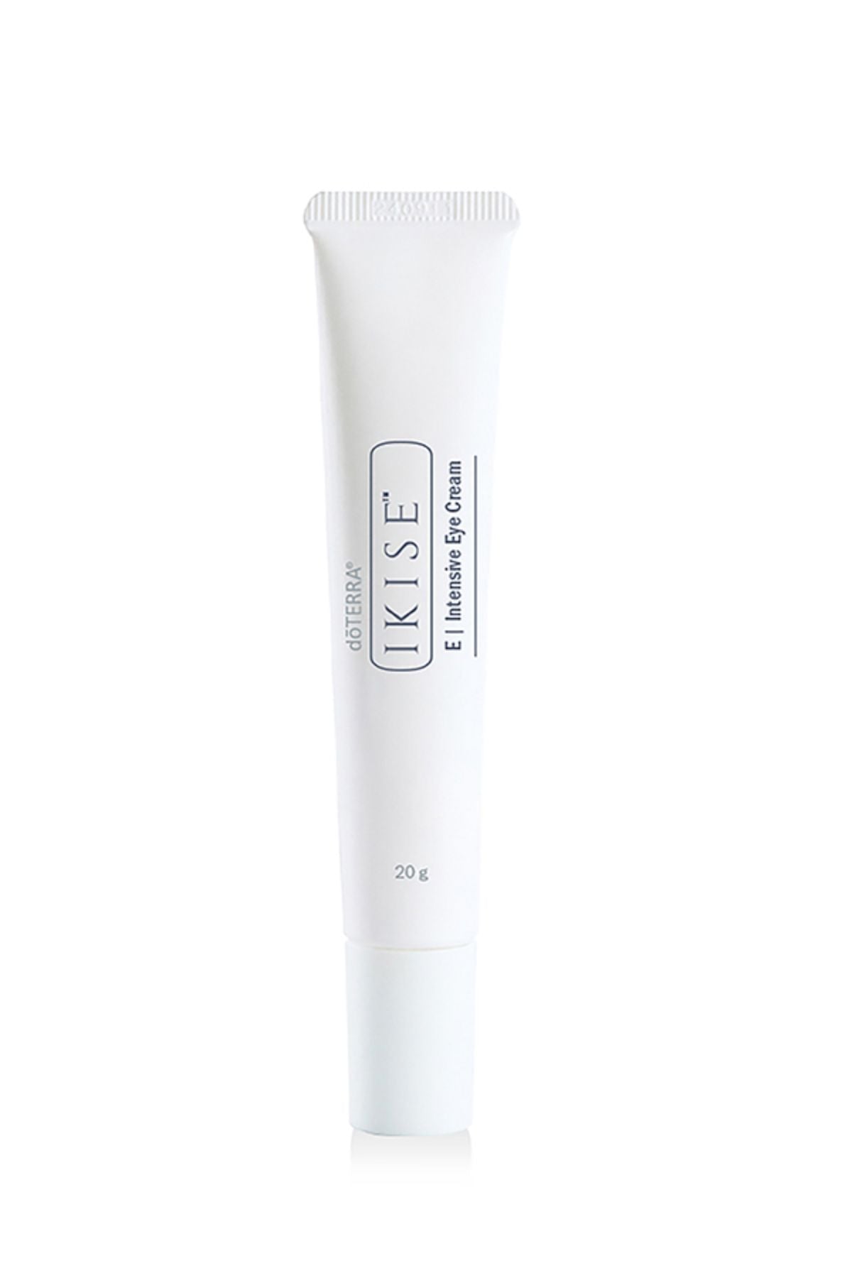 A white squeeze tube of doterra Ikise  Intensive Eye Cream on a clean white background.