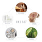 A circular infographic on a white background featuring the brand name IKISE in the center. Around it are four circular images with labels: a bottle of essential oils at the top, skincare tubes on the left, a close-up of a face at the lower right, and a forest scene at the bottom right.