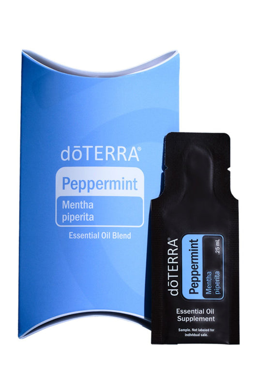 A doTERRA Peppermint Essential Oil Blend product set featuring a blue cardboard box and a black single-use sachet packet on a white background. doTERRA Peppermint Essential Oil Sample (.25 mL)