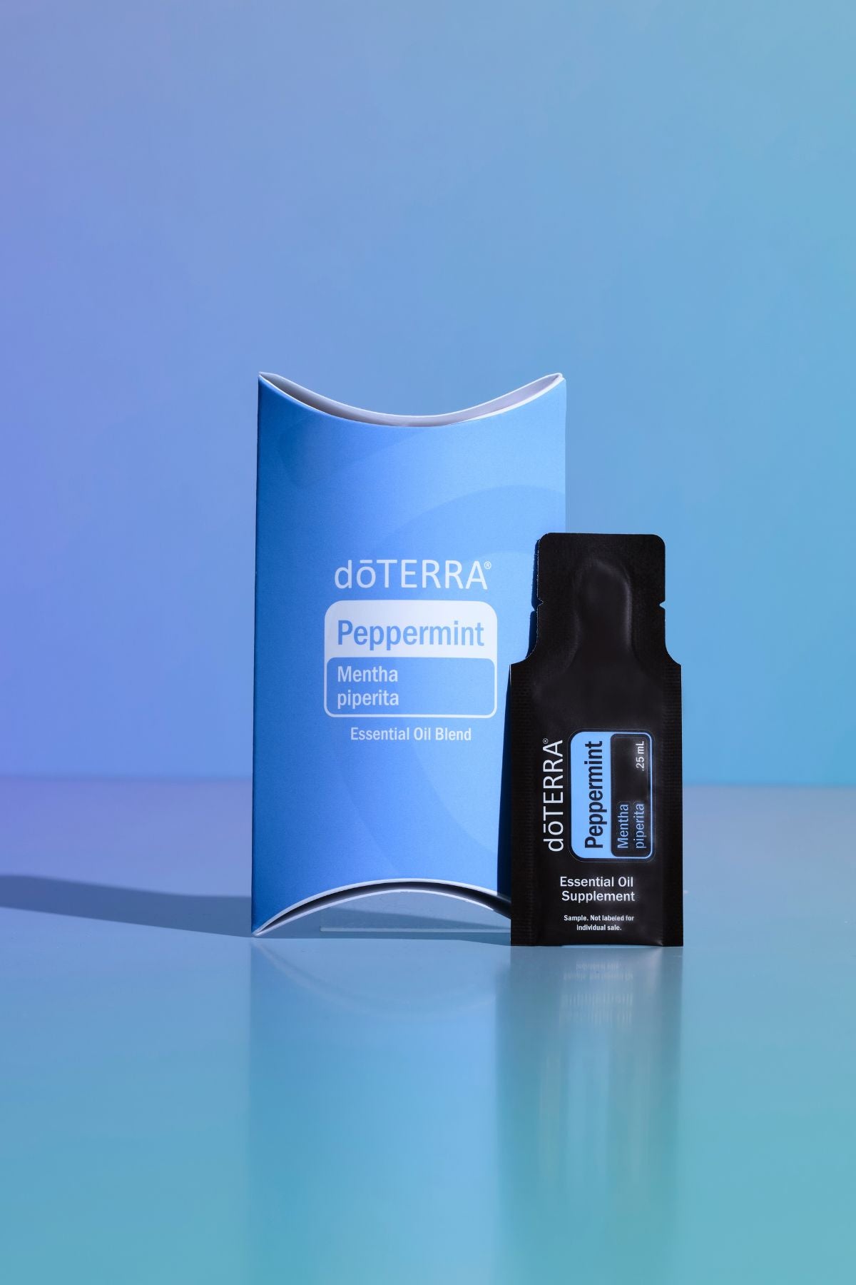 A doTERRA Peppermint Essential Oil Stand set against a blue gradient background, featuring a blue display stand and a black single-use essential oil vial. doTERRA Peppermint Essential Oil Sample (.25 mL)