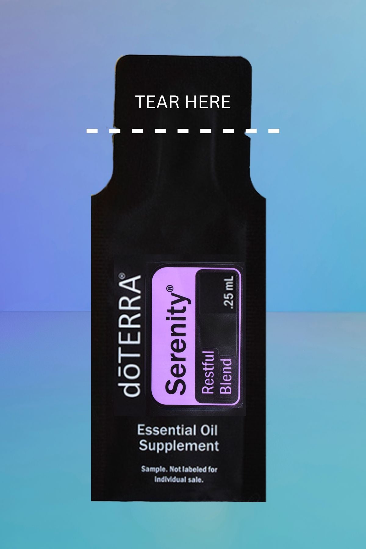 A single doTERRA Serenity essential oil supplement sachet shown front-facing on a blue gradient background. The sachet is black with a purple and white label reading 'Serenity' and 'Restful  doTERRA Serenity Essential Oil Sample (.25 mL)Blend 25 ml.