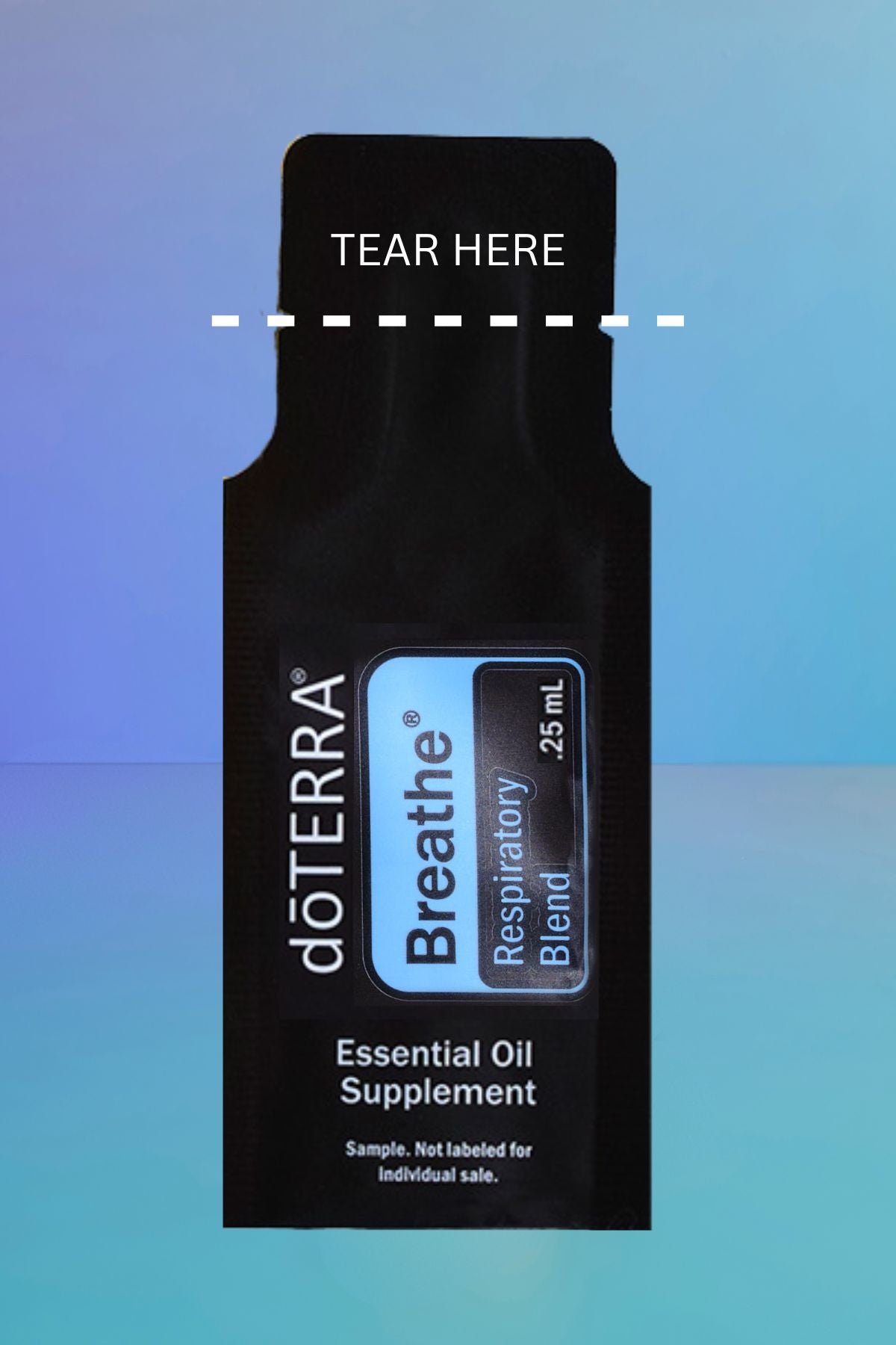 A single doTERRA Breathe Respiratory Blend essential oil supplement sample sachet on a blue gradient background. The sachet is black with a blue and white label, and a dashed white line with the text 'TEAR HERE' indicates how to open it. doTERRA Breathe Essential Oil Sample (.25 mL)