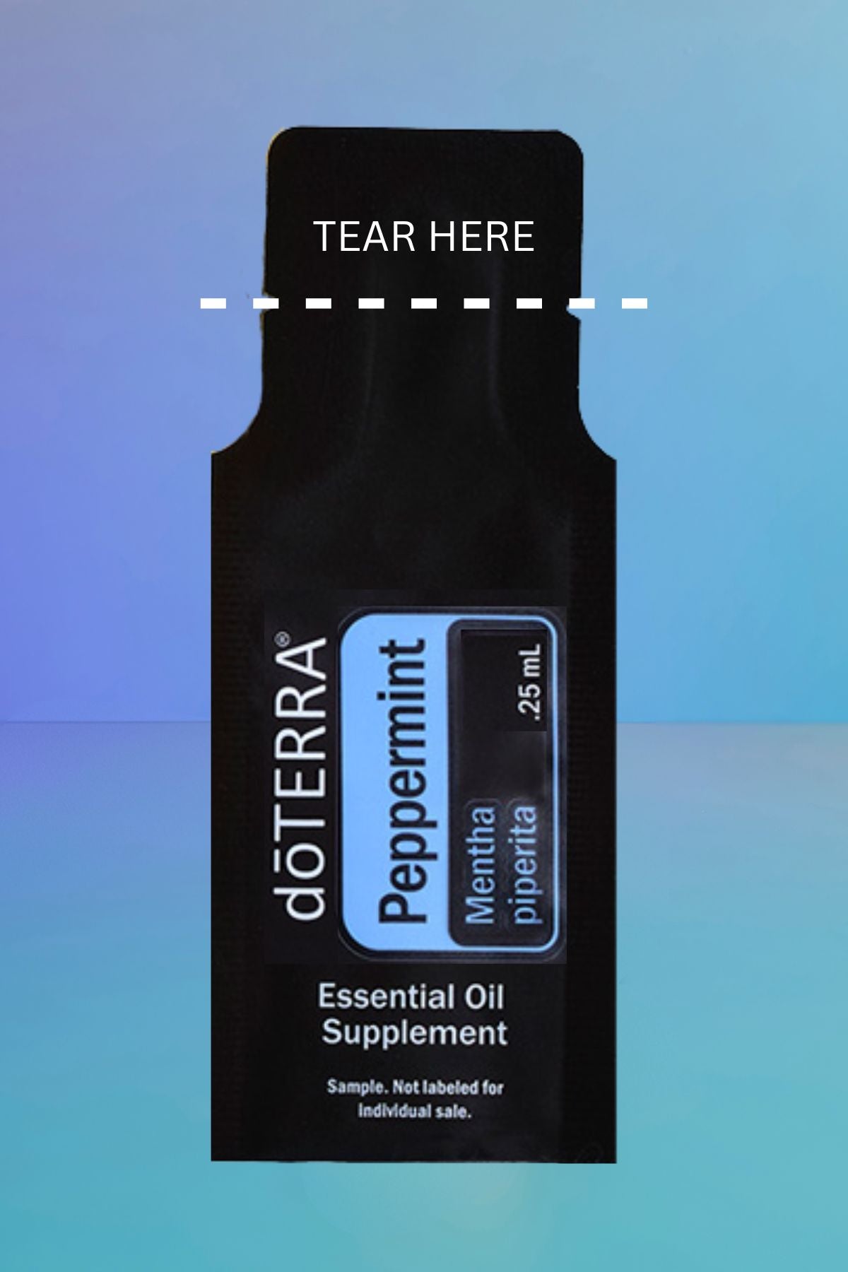 A single black döTERRA Peppermint Essential Oil Supplement sample vial packet with a blue and white label, shown on a blue gradient background with a tear-line overlay. doTERRA Peppermint Essential Oil Sample (.25 mL)
