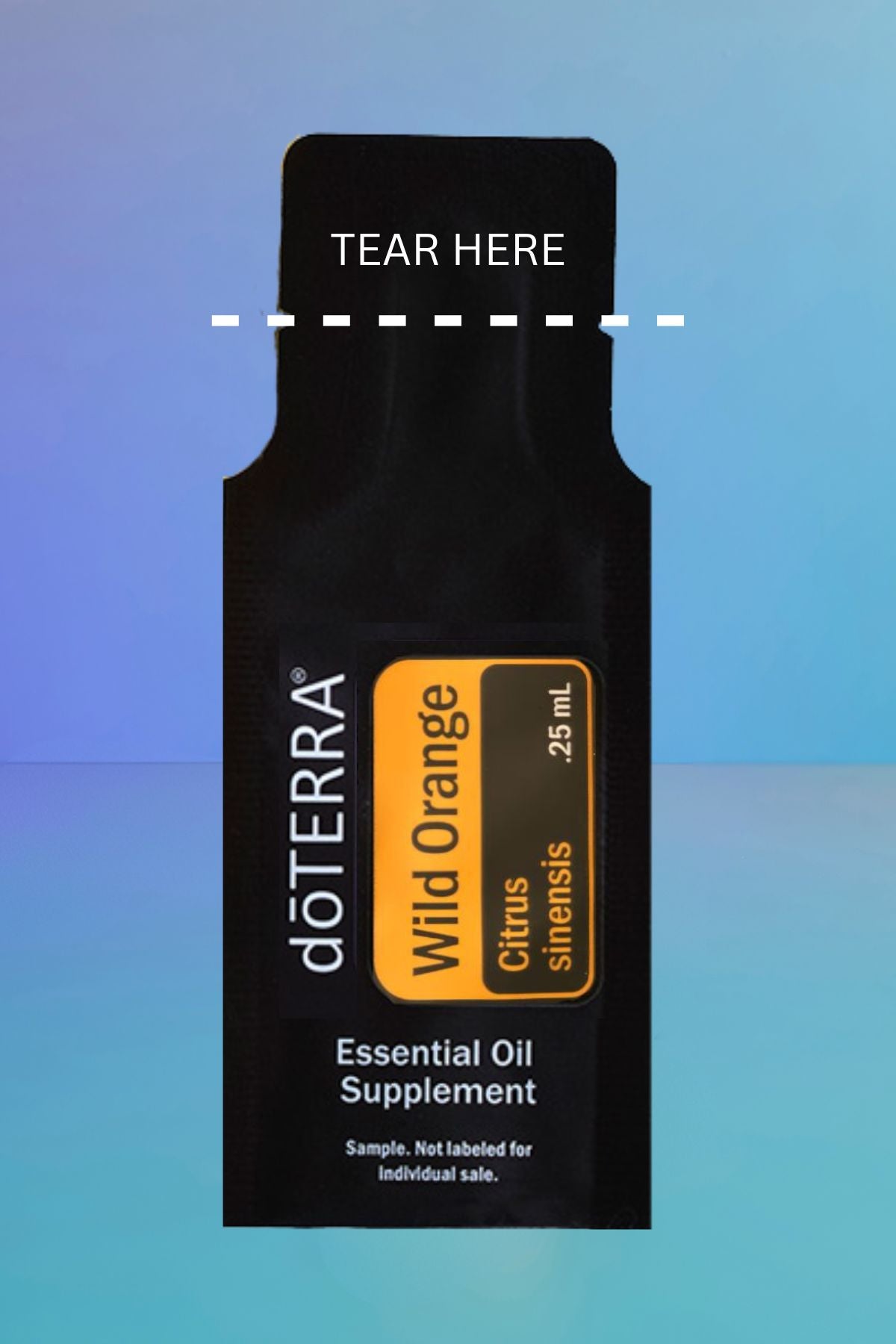 A single doTERRA Wild Orange essential oil supplement sample sachet centered on a blue gradient background. The sachet is black with a yellow-orange label and white text. doTERRA Wild Orange Essential Oil Sample (.25 mL)