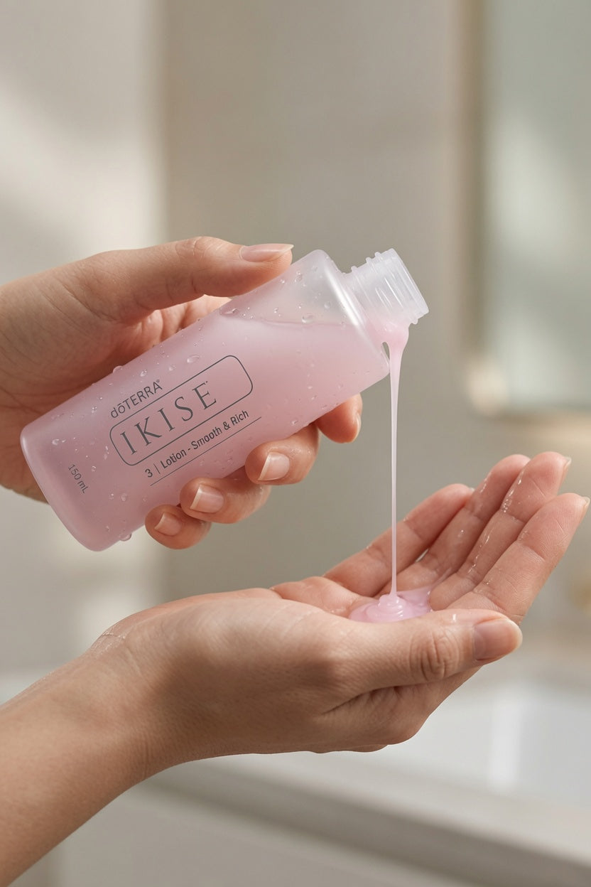 A person's hands holding a clear plastic bottle of Asotebra IKISE Lotion, Shower & Body Wash, with pink gel being poured from the bottle into the other hand.