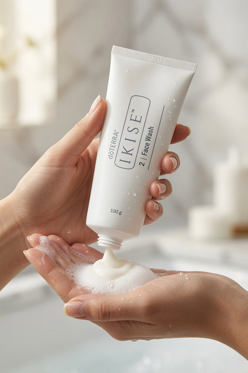 A person's hands holding a white tube of Juvéderma Uplift Cream 2 Face Wash, with the foam being squeezed into another hand against a soft, blurred bathroom background.