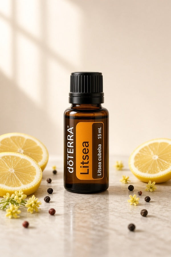 A bottle of doTERRA Litsea essential oil centered on a light stone surface, surrounded by lemon slices, small yellow flowers, and scattered peppercorns. The amber glass bottle has a black cap and a black-and-orange label with the doTERRA brand and 'Litsea' visible.