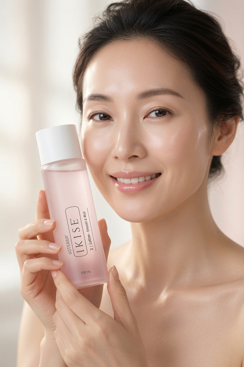 A woman holding a bottle of IKSE Skin Rescue 2.1 Toner Water, showing a clean, radiant complexion against a soft, light background.